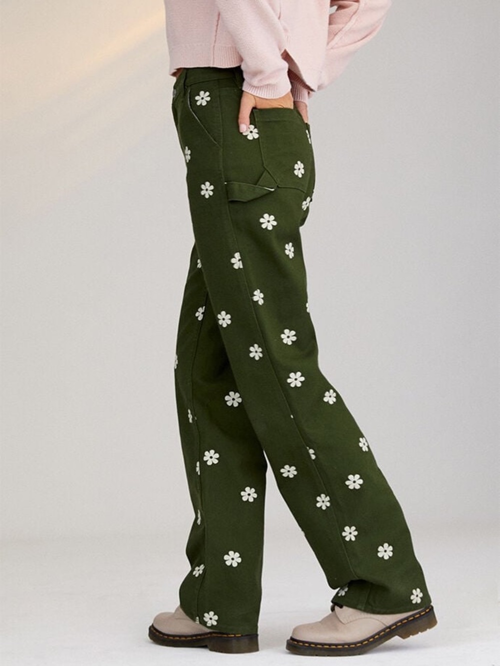 PacSun Green Floral Baggy Carpenter Straight Leg Jeans - Picture 2 of 7